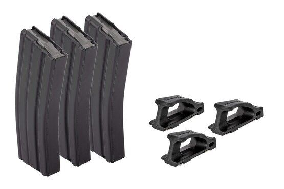 Three black 30-round AR-15 magazines with Magpul Ranger Plates.
